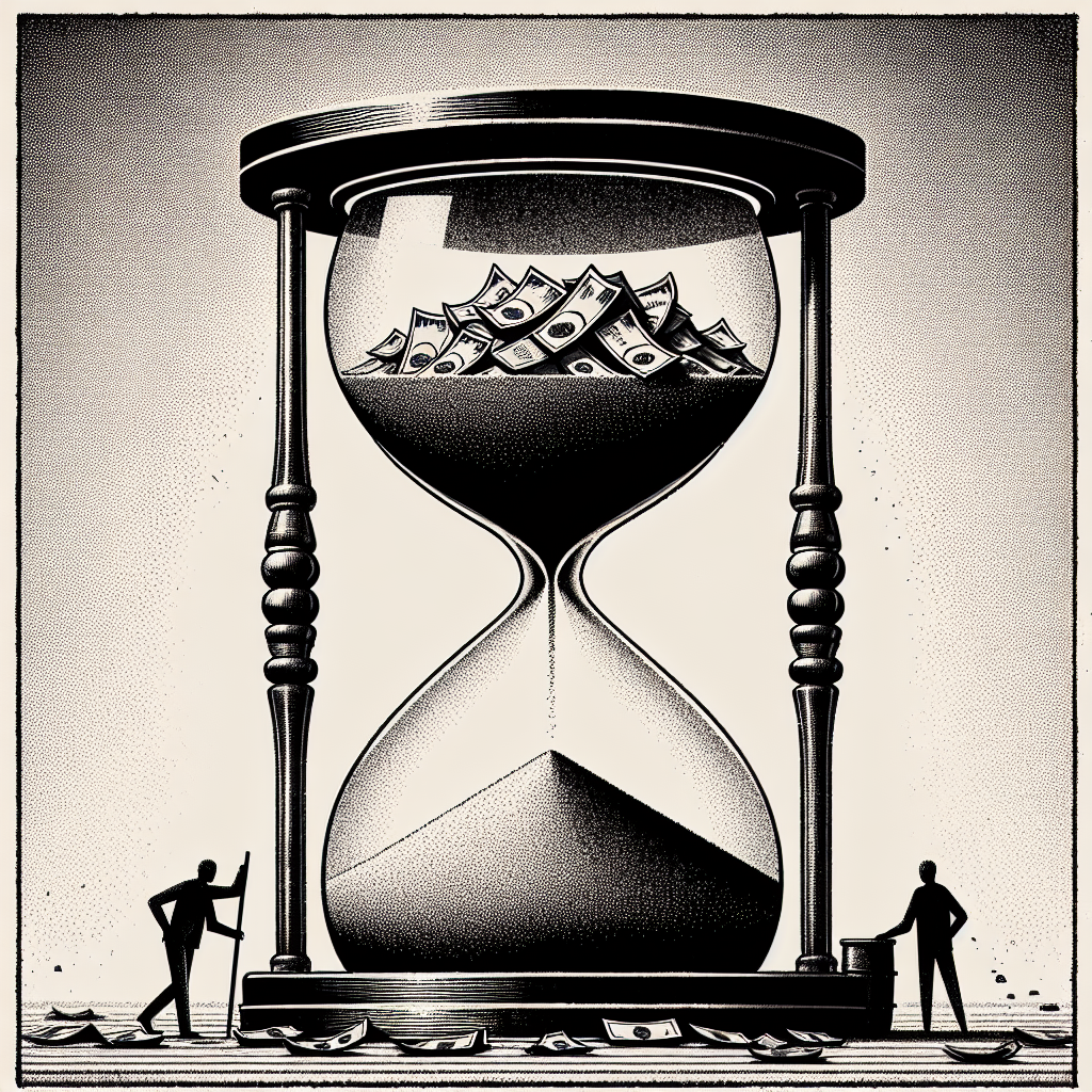 Un reloj de arena gigante. La arena de arriba son billetes de pesos. La de abajo son bidones vacíos. El reloj ya volcó casi todo. Texto integrado: 'Se acabó el tiempo.'