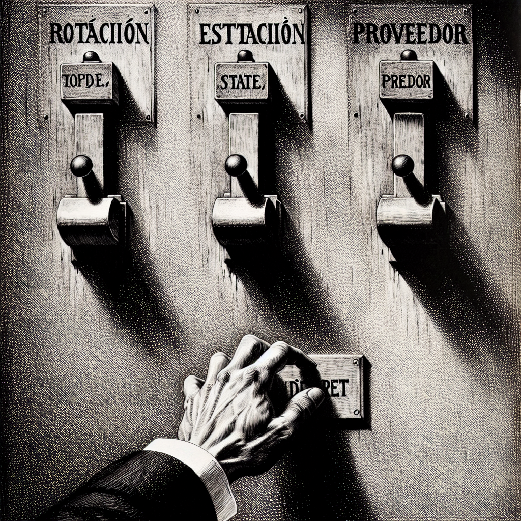 Tres palancas en una pared, cada una con una etiqueta: 'ROTACIÓN', 'ESTACIÓN', 'PROVEEDOR'. Una mano toca las tres al mismo tiempo. Texto integrado: 'Las tres juntas.'