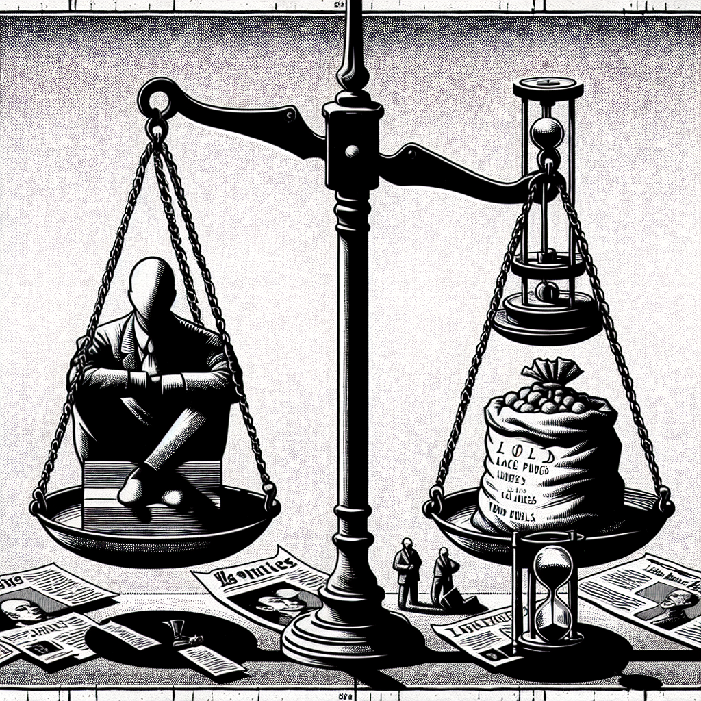 Una balanza antigua con una bolsa de pesos en un platillo y una lista de precios en dólares en el otro, perfectamente equilibrada. Debajo, un reloj de arena medio vaciado. Sin texto.