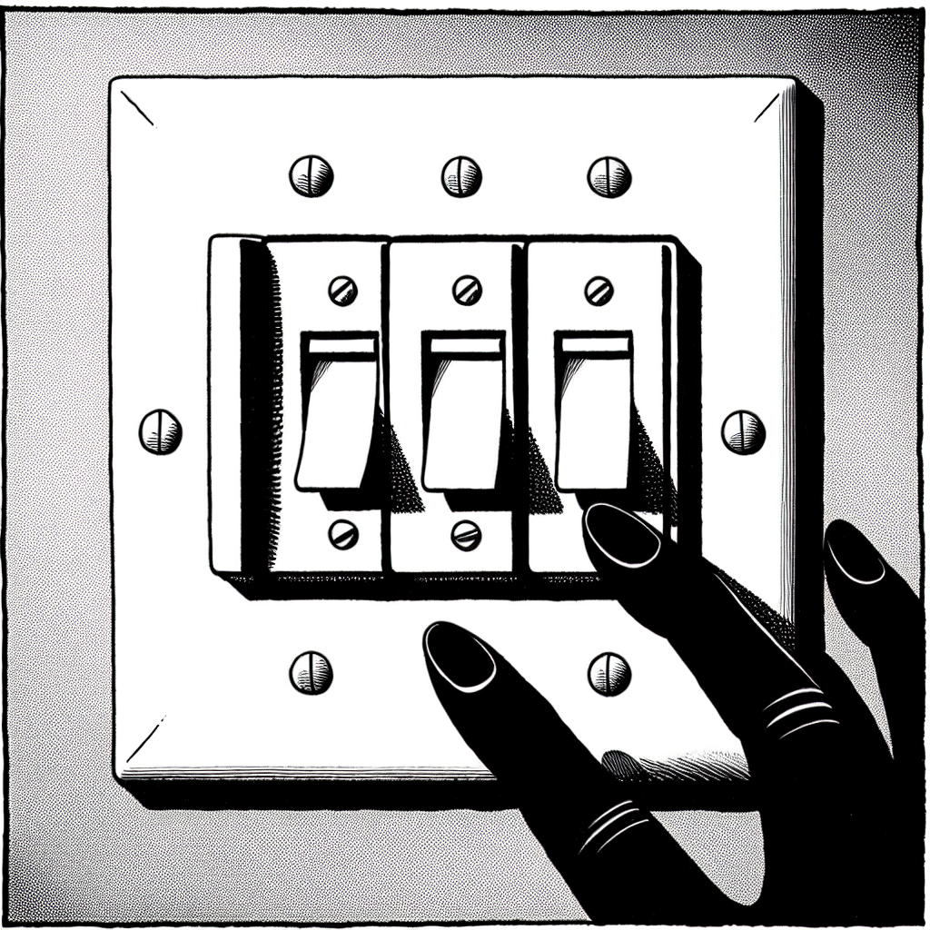Cuatro interruptores de luz eléctrica alineados, todos en posición apagada. Una mano silueta alejándose de ellos. Texto integrado: 'Los cuatro a la vez.'