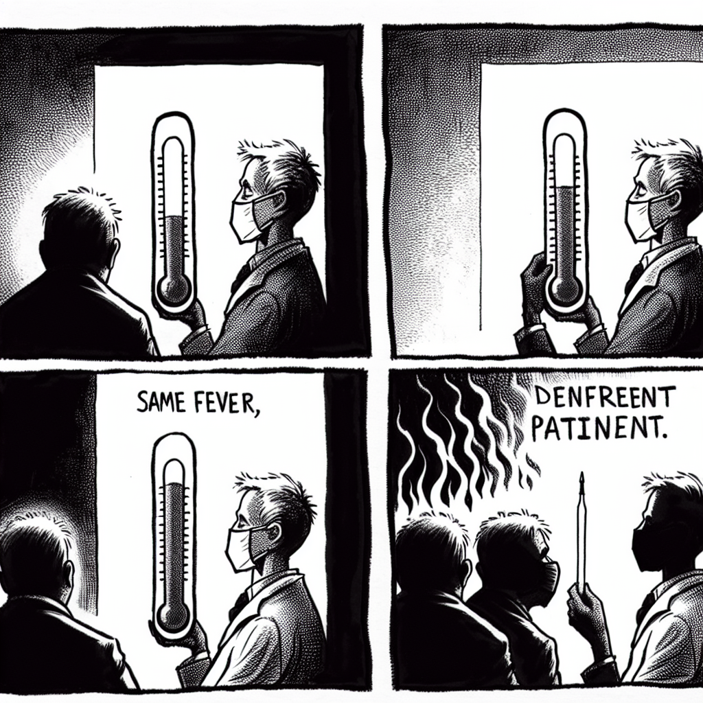 Un termómetro mostrando temperatura alta, con la mitad superior sombreada (zona núcleo) y la mitad inferior blanca (Cuyo). Texto integrado: 'Misma fiebre, distinto paciente.'