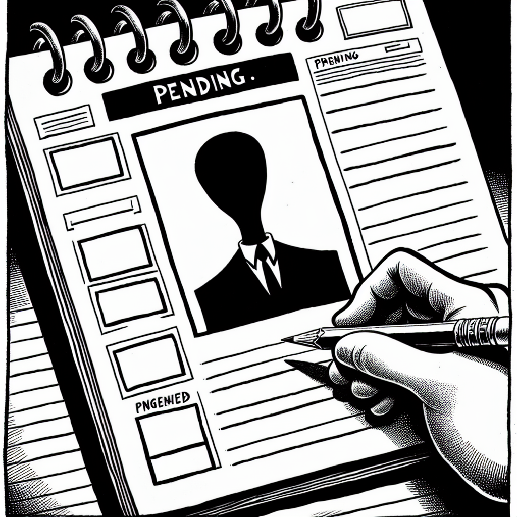 Una agenda en blanco con cinco renglones vacíos y un lápiz al lado. Texto integrado: 'Pendiente.'