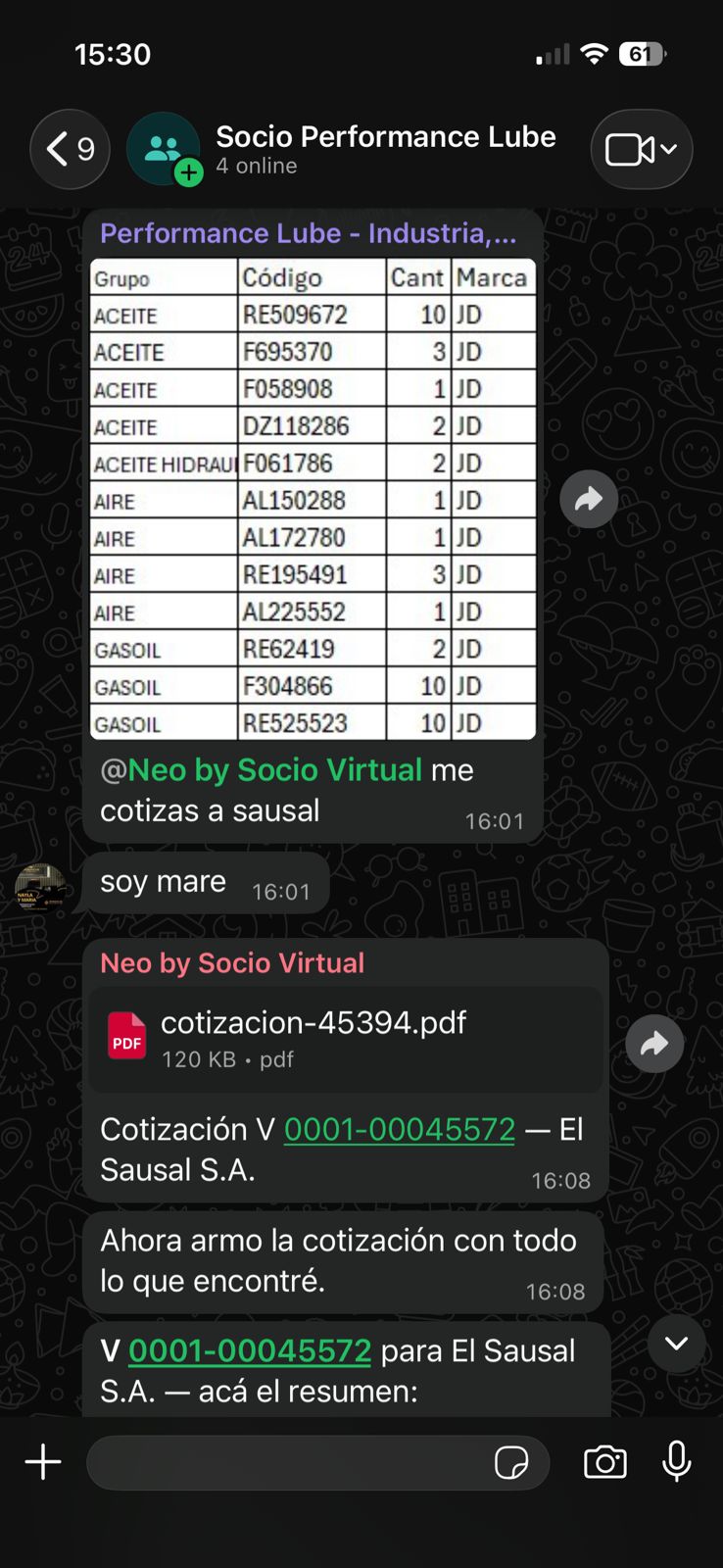 Pedido de cotización por WhatsApp atendido por el Operante